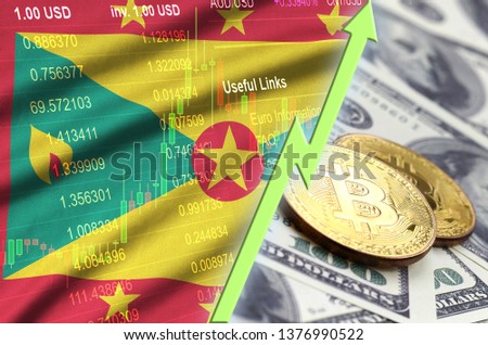 Grenada flag and cryptocurrency growing trend with two bitcoins on dollar bills
