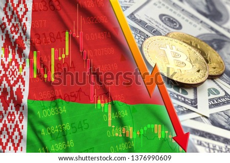Belarus flag and cryptocurrency falling trend with two bitcoins on dollar bills