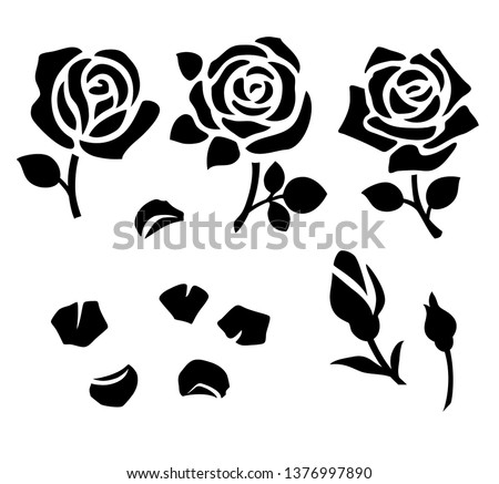 Set of decorative flower silhouette with bud and leaves for stencil design. Vector rose and petals