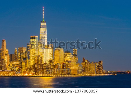 Aerial view of New York city Manhattan skyline cityscape at dusk from New Jersey. 