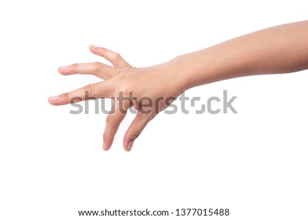 The hand of the woman shows a gesture of picking things isolate on white.