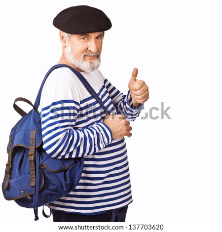 Senior man gives thumb up, isolated over white background
