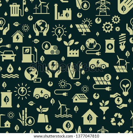 Dark Vector design with seamless ecology pattern and green energy concept in trendy flat style. Seamless pattern with vectors eco icons. Ecology, nature, energy, environment, recycling icons.