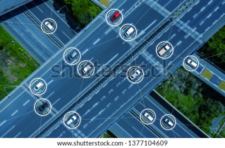 Connected cars concept. ITS (Intelligent Transport Systems). Autonomous car. Royalty-Free Stock Photo #1377104609