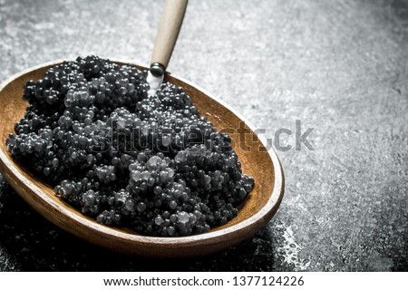 Black caviar in a bowl with a spoon. On black rustic background