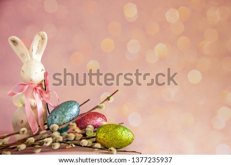 Beautiful easter card with pussy willow, bunny and easter eggs, copy space