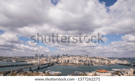 City of Angels Istanbul Turkey with great city views mostly cloudy blue sky and white image with great contrast shooting angles great views from the top Panorama shooting wide angle panoramic image. 