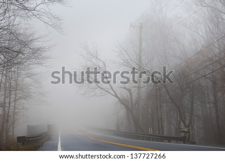 Misty foggy dramatic forest road