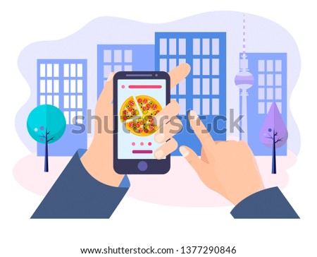 Pizza ordering via mobile application, the customer's hands holds the mobile phone with pizza on the screen on the city background. Vector illustration.