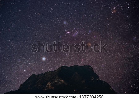 Mountains, stars and the Milky Way in the dark night sky