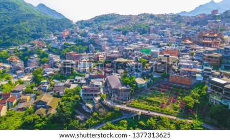 Aerial Drone Photography top view of Jiufen Old Street in Taipei Taiwan.