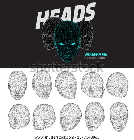 3D wireframe head model rotation vector illustration