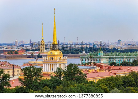 City skyline with the Admiralty spire, Peter and Paul Fortress, river Neva and Hermitage Winter Palace viewed from the roof of Saint Isaac's Russian Orthodox Cathedral in Saint Petersburg, Russia