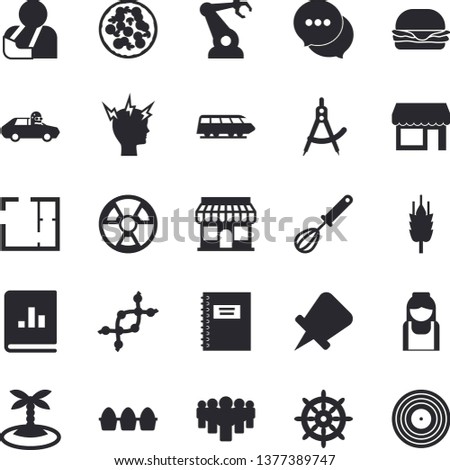 Solid vector icon set - house layout flat vector, whisk, egg, hamburger, pizza, ear, radiation, autopilot, robotics, dividers, store front, team, book balance accounting, chat, injury, headache, dna