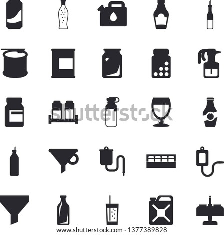 Solid vector icon set - spice flat vector, ketchup, sauce, lemonade, wine, soda, mustard, pulverizer, canister, glass bottles, funnel, medical warmer, ampoule, vitamins, proteins, steroids