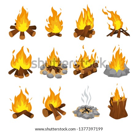 Wood campfire set, travel and adventure symbol. Fire bright design. Vector flat style cartoon bonfire illustration isolated on white background Royalty-Free Stock Photo #1377397199