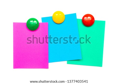 Empty colorful paper sheet with magnetic on white background surface. Copy space for add text or art work designs.