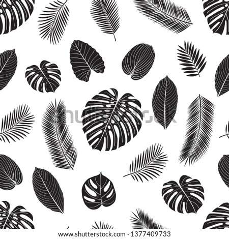 Seamless pattern with tropical leaves for textile, wallpapers, gift wrap, covers and scrapbook. Black and white vector illustration.