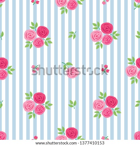 Simple floral seamless pattern with pink roses and blue stripes for textile, wallpapers, gift wrap, scrapbook. Vector.