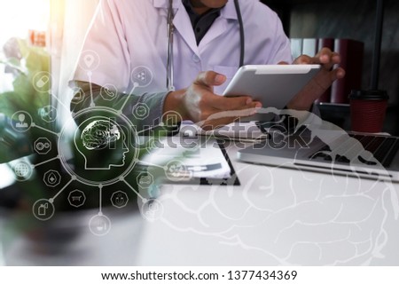 Medicine doctor hand touching computer interface as medical network connection with modern virtual screen, Modern medical technology and innovation concept