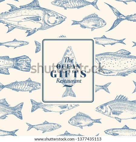 Hand Drawn Vector Seamless Pattern. Fish Package Card or Cover Template with Sea Bass Ocean Gifts Emblem. Herring, Anchovy, Tuna, Dorado, Seabass and Salmon Background. Isolated.