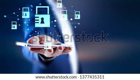 man hand phone with lock in screen