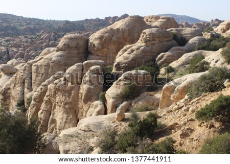 Scenic view on the beautiful rock formations with a lot of green plants and trees in Wadi Dana, Dana Biosphere Reserve, Jordan