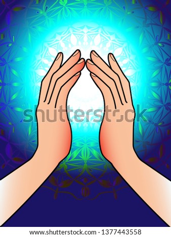 bright illustration with the image of hands on the background of openwork ornament