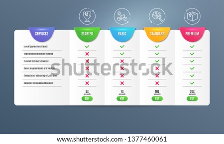 Fragile package, Search flight and Bicycle parking icons simple set. Comparison table. Parcel sign. Safe shipping, Airplane trip, Bike park. Shipping box. Transportation set. Pricing plan. Vector