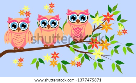 Three cute owls with big eyes in a trendy coral color on a blossoming tree branch, design, spring concept