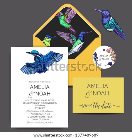 Template for wedding invitation. Card vector illustration with hummingbird.