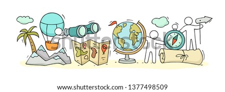 Sketch of geography class with working little people. Doodle cute miniature of teamwork and earth symbols. Hand drawn cartoon vector illustration for school subject design. Royalty-Free Stock Photo #1377498509