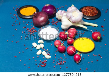 composition with radishes, garlic, red spice onions. spice background