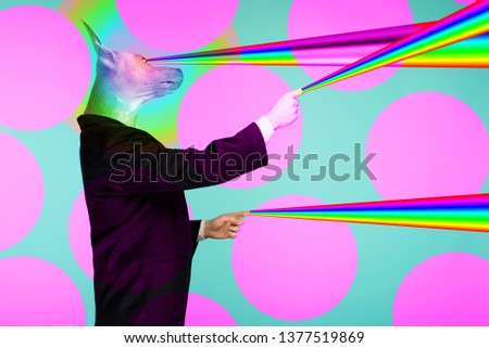 Psychedelic collage portrait of a male businessman with a head of a Chinese crested dog shooting rainbow lasers from fingers and eyes. Funny picture in the style of swag.