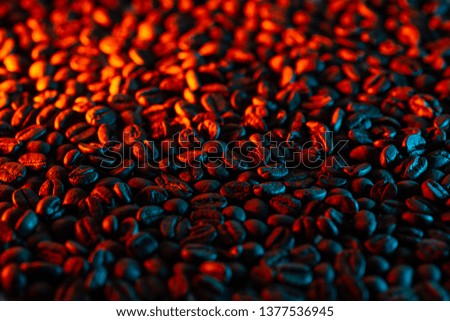 a scattering of coffee beans for the background illuminated with colored neon