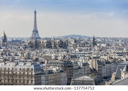 Panorama of Paris from top of the Notre dame de Paris. Eiffel tower in the background. France.
