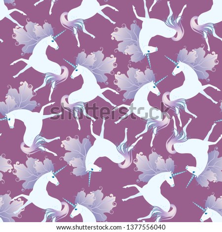 Beautiful seamless pattern with cute white unicorns with mane in shape of autumn leaves on purple background. Print for fabric. 
