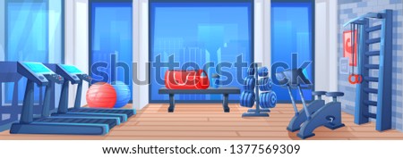 Sport gym interior room. Fitness equipment - a treadmill and a fitballs and a bicycles. Vector cartoon illustration