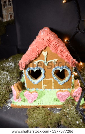 Christmas gingerbread house and objects, art decorations.