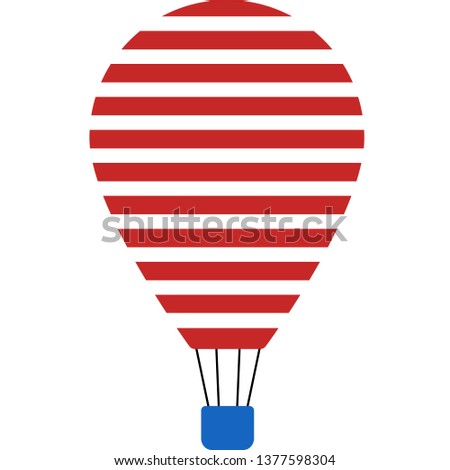 Flat vector icon of a hot air balloon with red and white strips for holiday design.