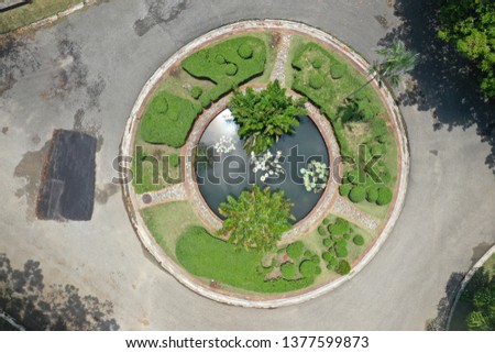 Aerial view of a circular landscape design.  Botanical garden in Santo Domingo, Dominican Republic.