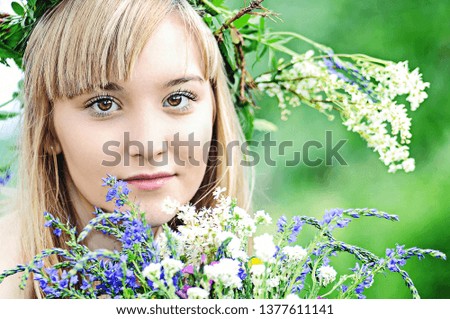 portrait of a blonde girl with a wreath of flowers in the summer near the tree near birch