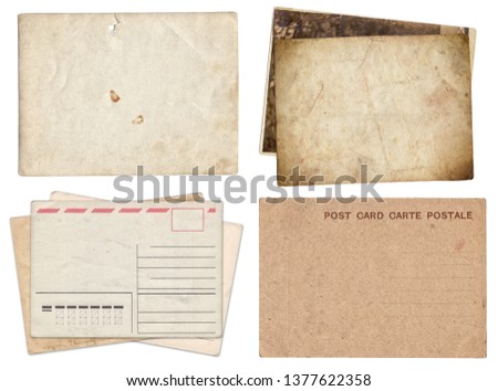 Set of various Old papers and postcards with scratches and stains texture isolated on white