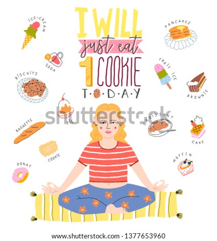 Cute girl on the white background with falling sweets. Young woman practice yoga. Illustration in hand drawn style.
