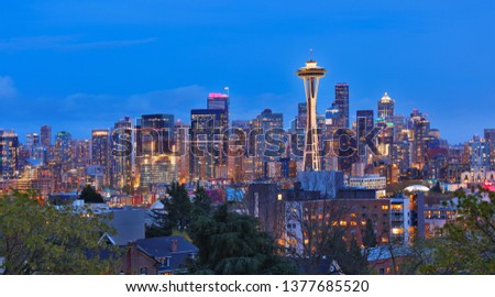 Seattle Skyline Showing the downtown of Seattle After Sunset viewing from Kerry Park, Seattle Washington USA