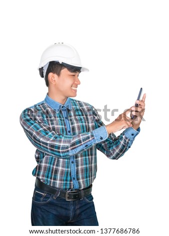 Businessman engineer thinking command with cell phone with 5g network, high-speed mobile Internet and wears white safety helmet plastic. future  technology concept  on white background