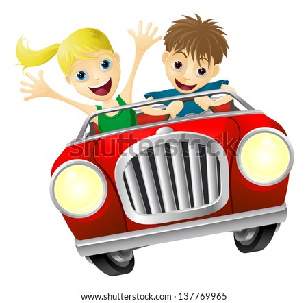Cartoon young man and woman having fun driving a red convertible car