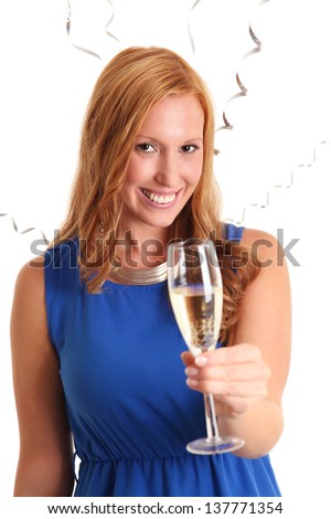 Beautiful party girl in a blue dress holding a champagne glass. White background.