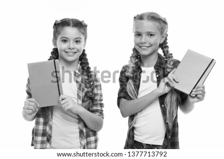 Children cute girls hold notepads or diaries isolated on white background. Note secrets down in your cute girly diary journal. Diary writing for children. Childhood memories. Diary for girls concept.