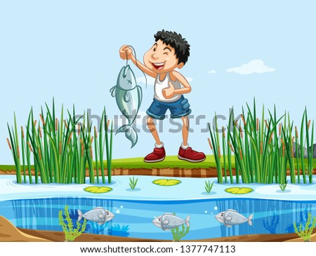 Happy man fishing in nature illustration